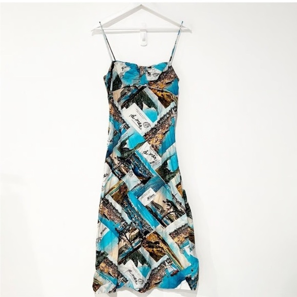 Anthropologie Blue and Green Postcard Print Midi Dress 16 - Picture 4 of 10